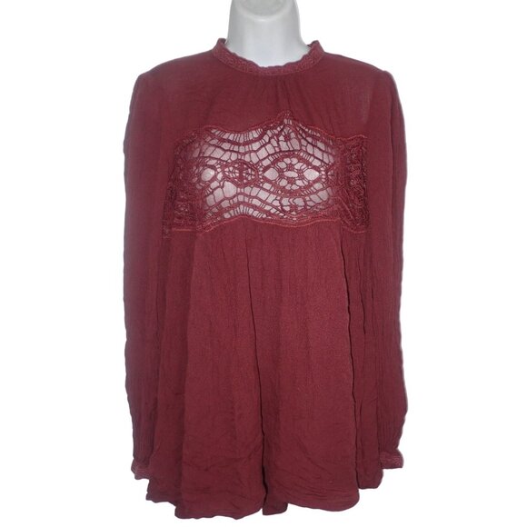 Free People Women Sheer Lace Insert Tunic Top Long-Sleeve Boho Style Burgundy XS - Picture 1 of 6